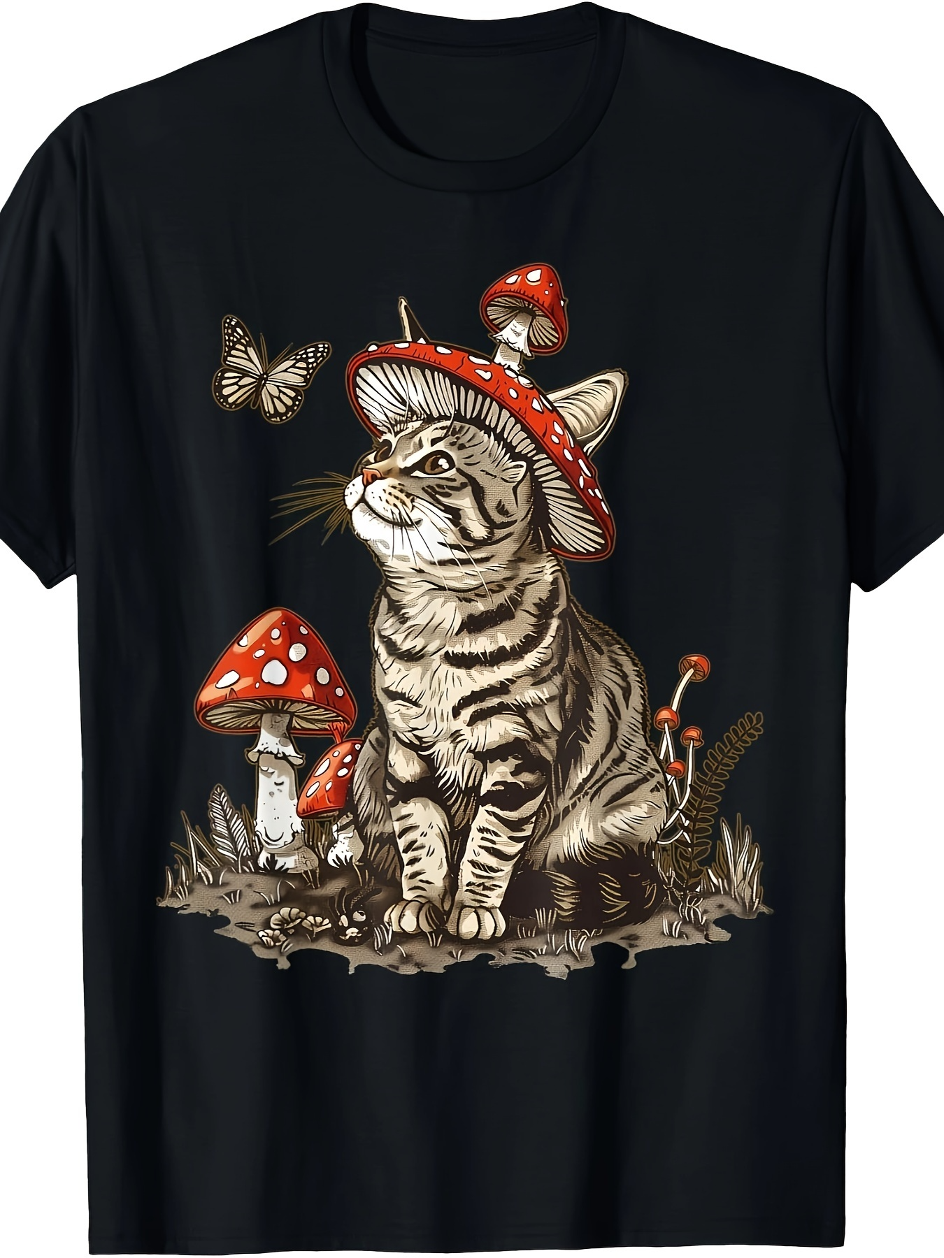 Men's Graphic T-Shirt Striped Cat Sitting Among Mushrooms With Butterfly On Hat
