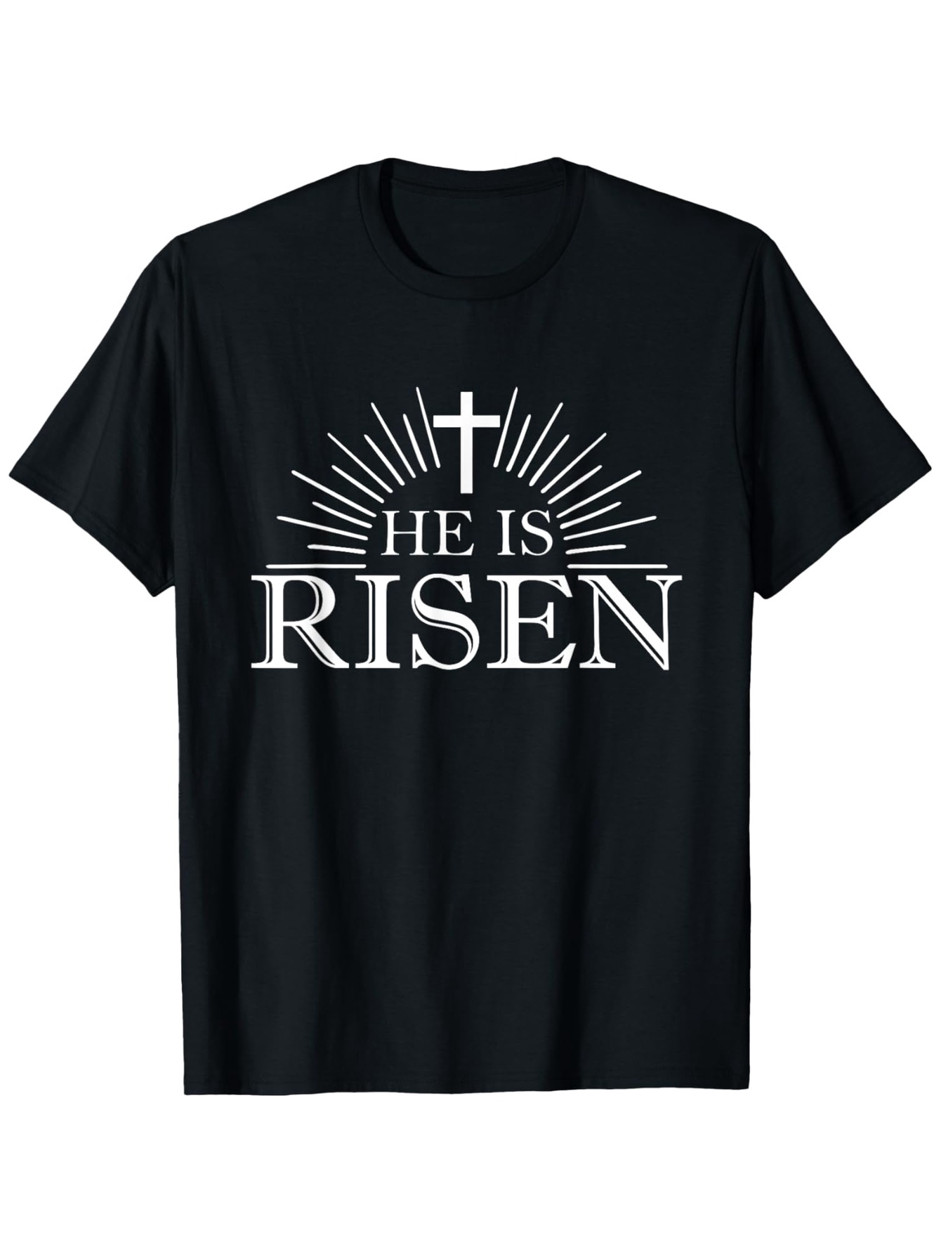Men's Graphic T-Shirt He Is Risen With Radiant Sunburst Behind Prominent Christian Cross