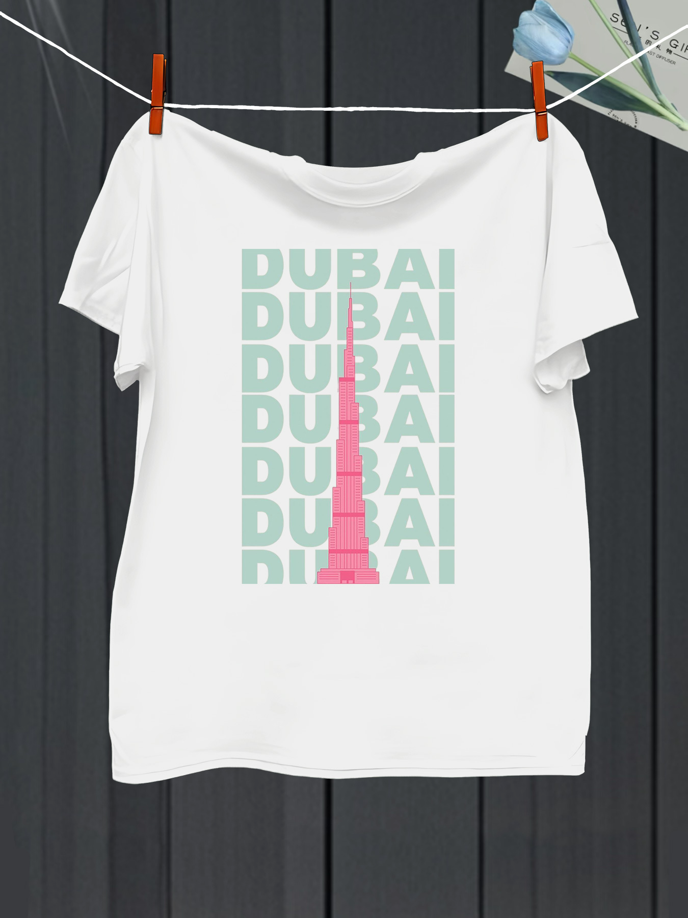 Men's Graphic T-Shirt Dubai Skyline In Pink Graphic Tower Under Repeated City Name Dubai