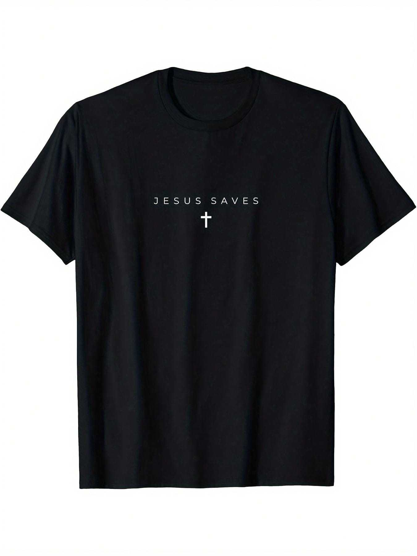 Men's Graphic T-Shirt Jesus Saves Simple Statement With White Cross Under Text