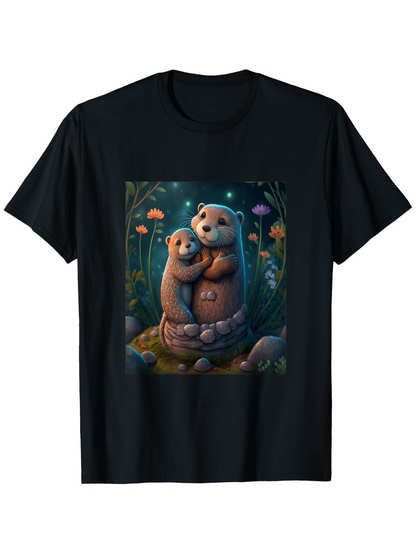 Men's Graphic T-Shirt Tender Forest Night With Glowing Flowers Hugging Otters