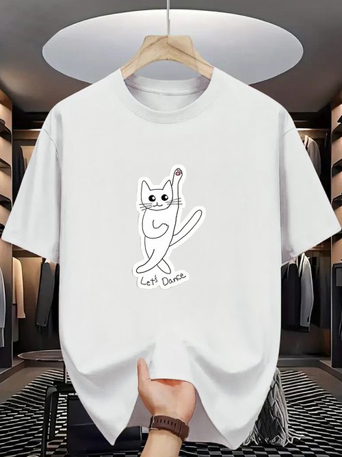 Men's Graphic T-Shirt Funny Cartoon Drawing With Playful Dancing Cat Illustration