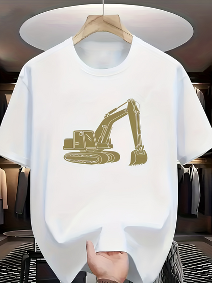 Men's Graphic T-Shirt Metallic Machinery Featuring Industrial Power Among Construction Site Excavator