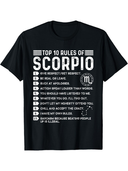 Men's Graphic T-Shirt Top Ten Rules Typography With Horoscope Graphic Zodiac Scorpio