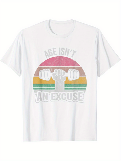 Men's Graphic T-Shirt Age Isnt An Excuse Vintage Stripes With Raised Fist And Barbell Motif