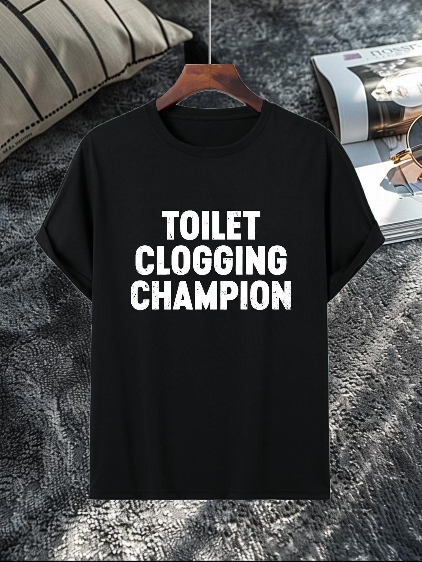 Men's Graphic T-Shirt Toilet Clogging Champion Bold White Lettering Over Black Cotton T Shirt