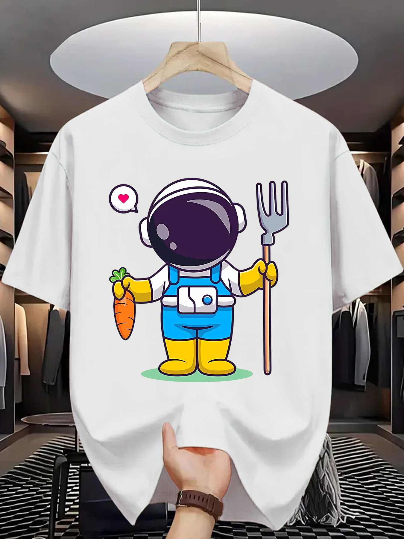 Men's Graphic T-Shirt Cartoon Astronaut Farmer Holding Carrot With Love Heart Symbol