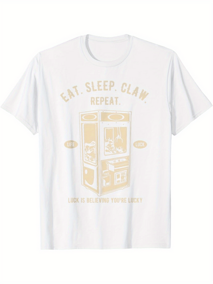 Men's Graphic T-Shirt Eat Sleep Claw Repeat With Line Drawing Of Arcade Machine