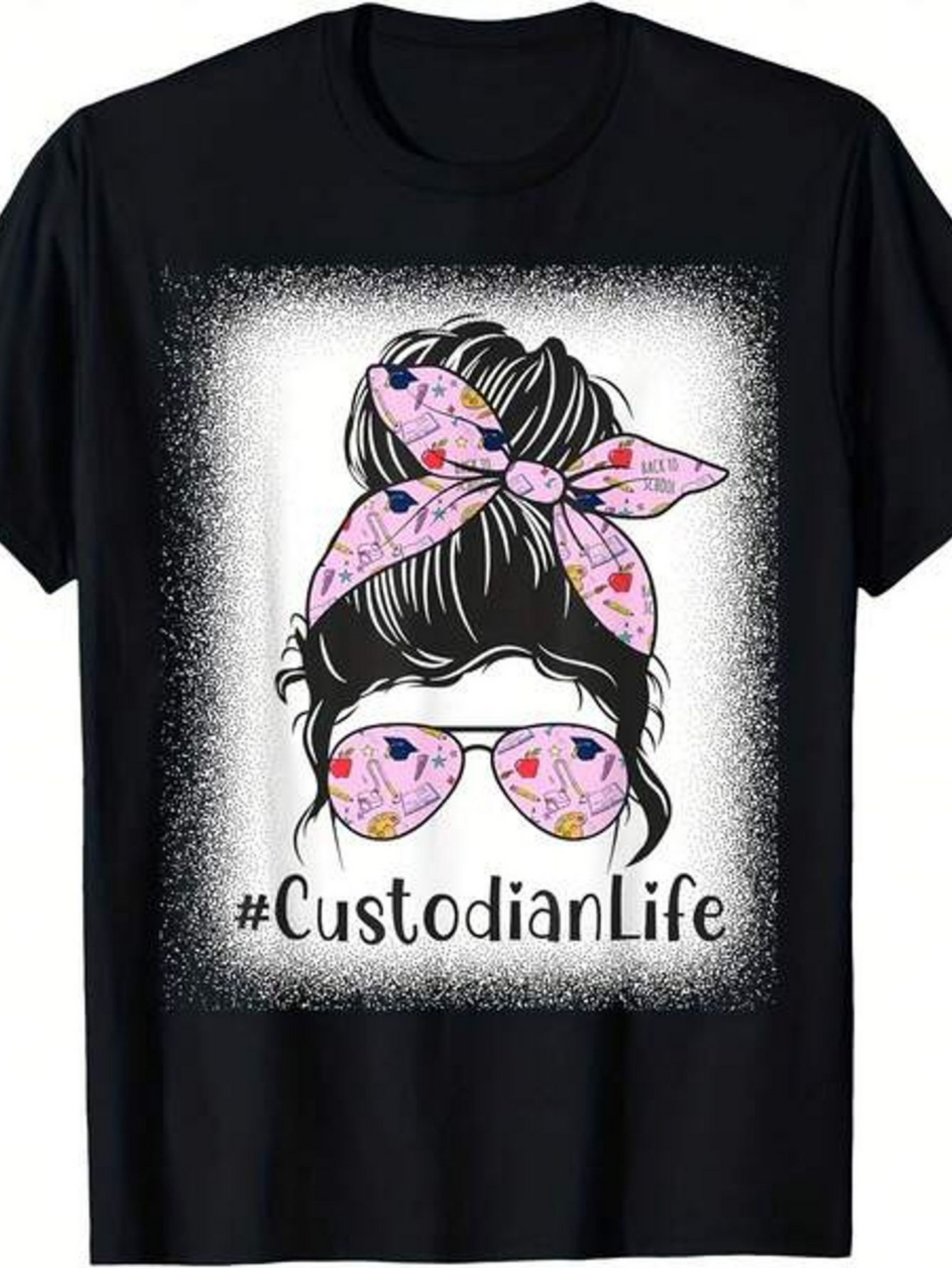 Men's Graphic T-Shirt Custodian Life Pink Polka Dotted Bandana Sunglasses Hair Bun Woman