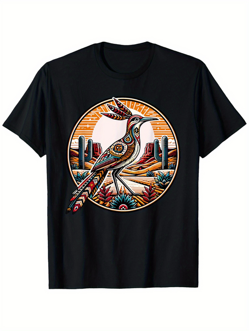 Men's Graphic T-Shirt Vibrant Sunset Desert Scene With Colorful Patterned Roadrunner Bird