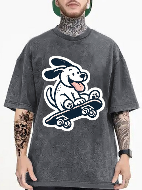 Men's Graphic T-Shirt Playful Dog Joyfully Riding On Fast Rolling Skateboard