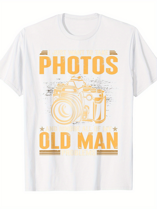 Men's Graphic T-Shirt Photos Old Man Vintage Graphic With Camera And Artistic Lines Under Spotlight