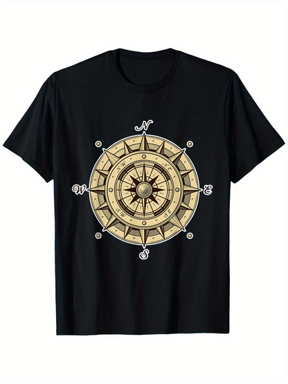 Men's Graphic T-Shirt Antique Nautical Design With Golden Compass Under Vintage Sun Compass
