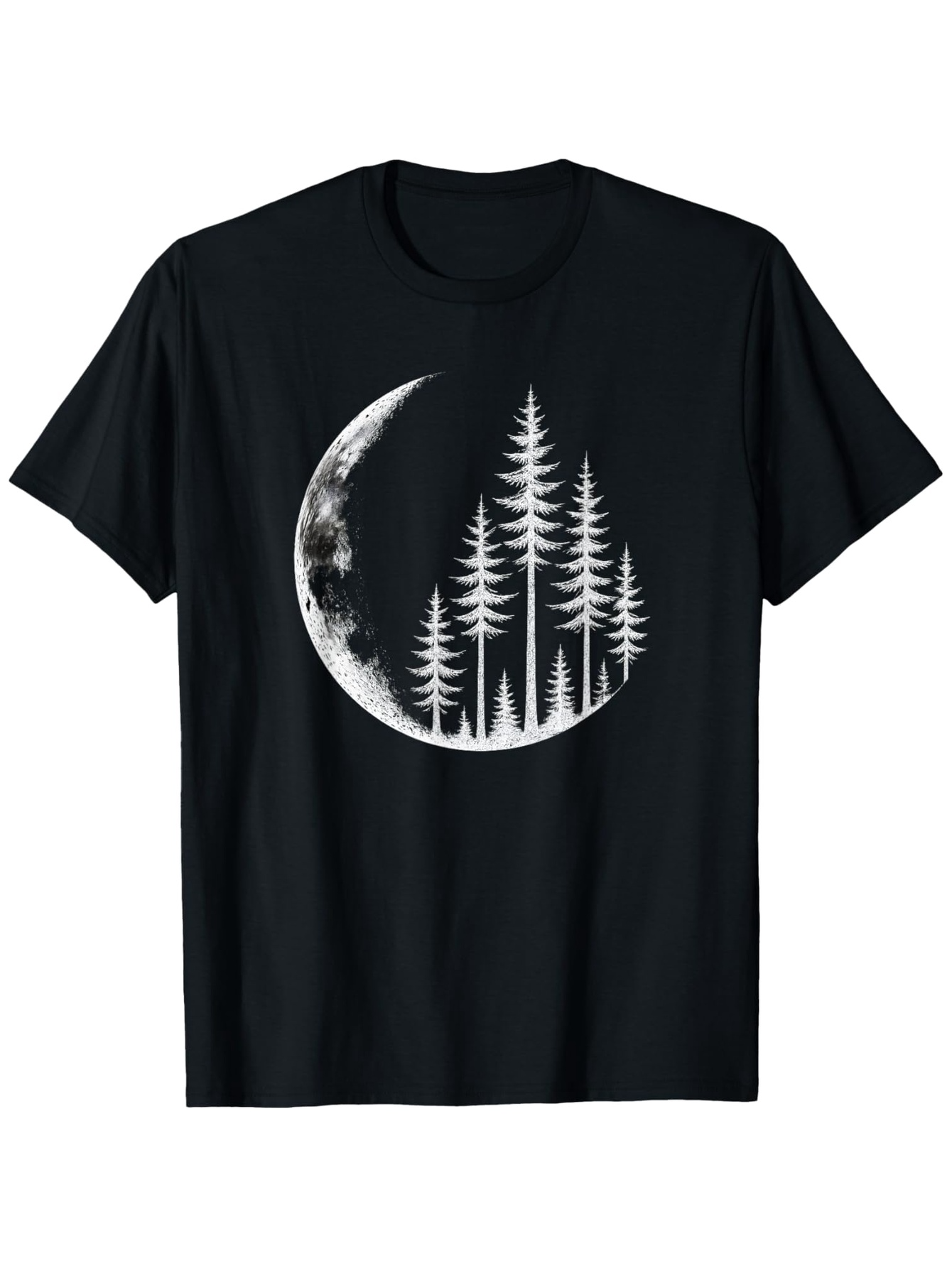 Men's Graphic T-Shirt Misty Forest Silhouette With Crescent Moon And Tall Evergreen Trees