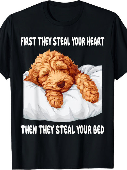 Men's Graphic T-Shirt First They Steal Your Heart Fluffy Dog Sleeping On Pillows Silky Fur Realistic Bedtime Scene Bed