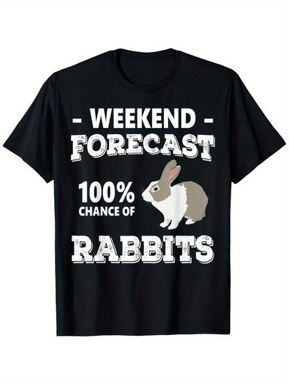 Men's Graphic T-Shirt Weekend Forecast With Clouds And Cartoon Rabbit Illustration Among Bold Letters