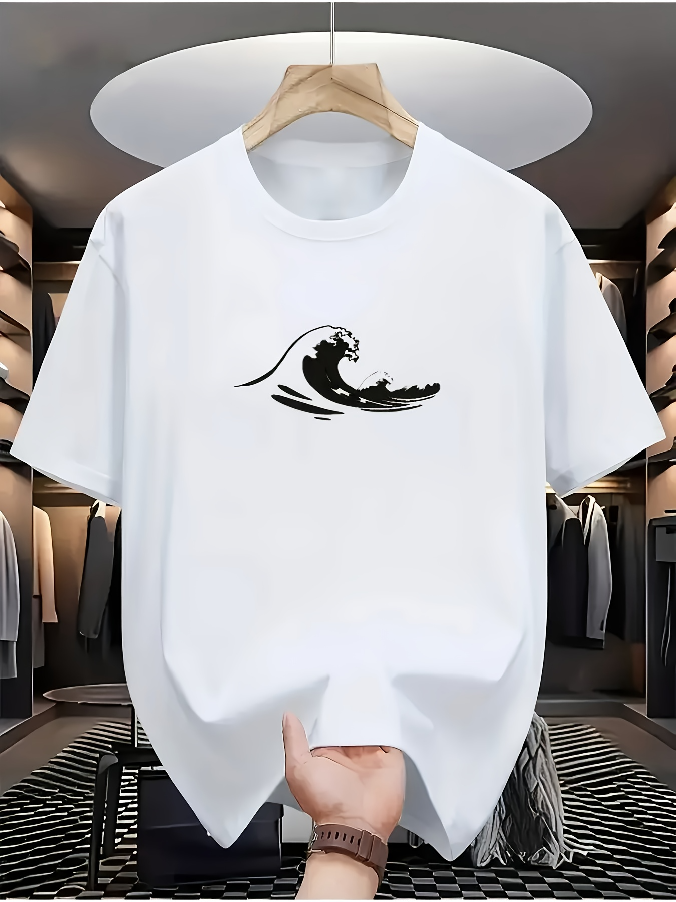Men's Graphic T-Shirt Monochrome Ocean Wave With Dynamic Splashing Crest Graphic Wave