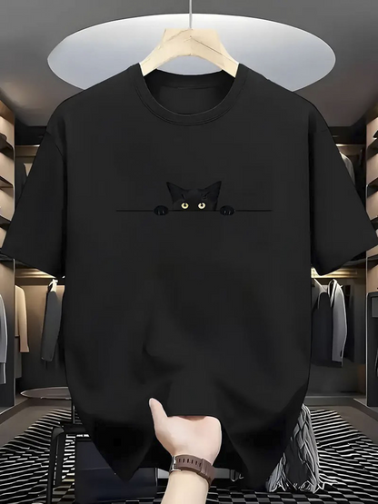 Men's Graphic T-Shirt Curious Green Eyed Black Cat Peeking Over Solid Black Cotton T Shirt