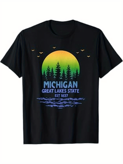 Men's Graphic T-Shirt Michigan Great Lakes State Sunset With Forest Silhouette And Reflecting Water