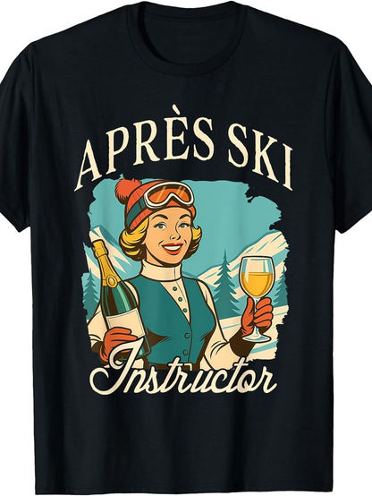 Men's Graphic T-Shirt Apr猫s Ski Instructor With Snow Mountains Champagne Glass Bottle Smiling Character
