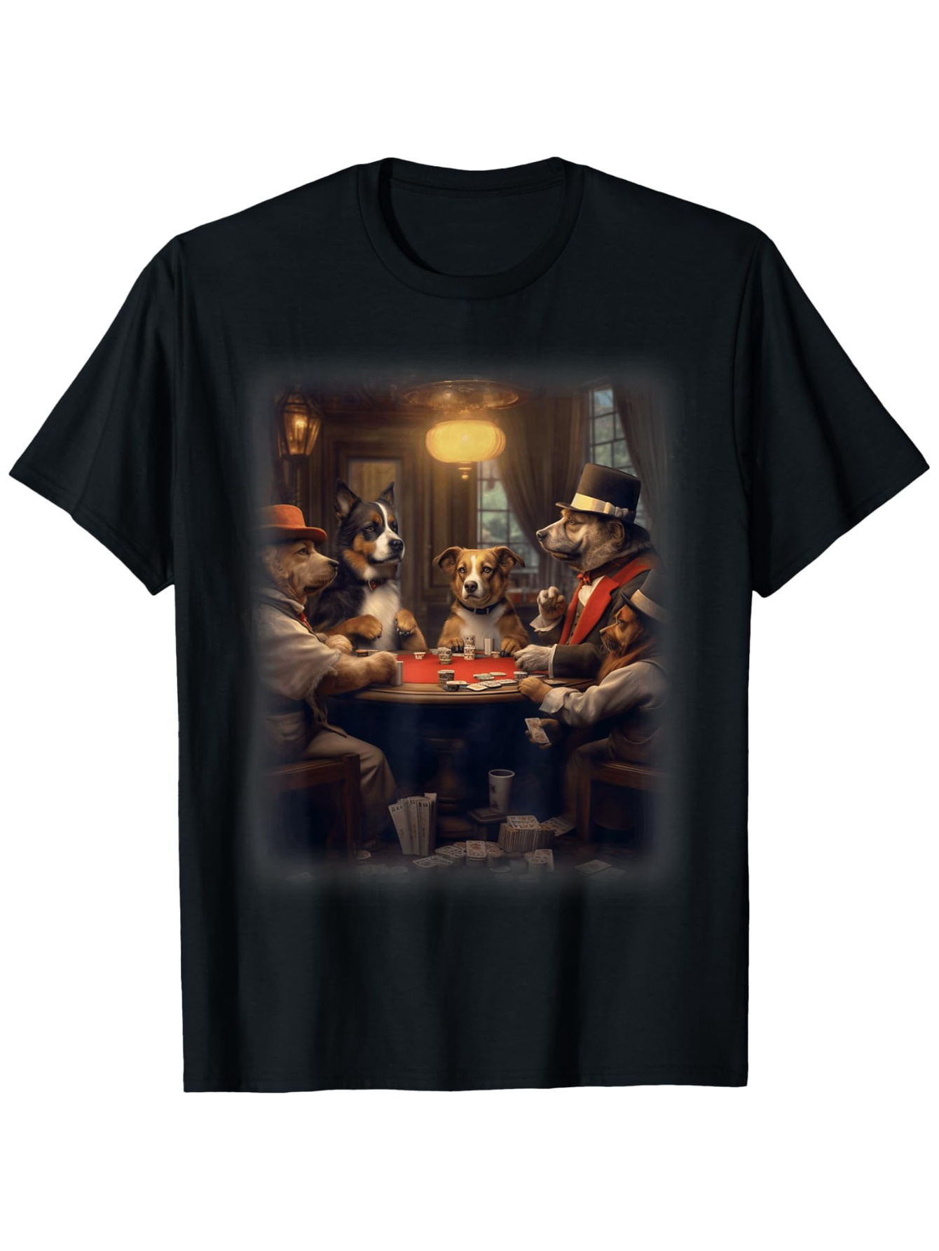 Men's Graphic T-Shirt Classic Poker Night With Vintage Lights Among Elegant Dressed Dogs