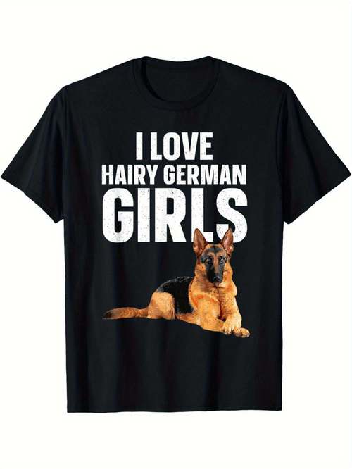 Men's Graphic T-Shirt I Love Hairy German Girls Bold White Letters With Photo Realistic Sitting Dog