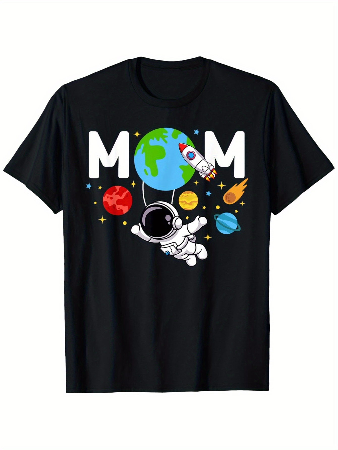 Men's Graphic T-Shirt MOM With Astronaut Floating Surrounded By Colorful Cartoon Planets And Spaceship