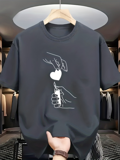 Men's Graphic T-Shirt Minimal Hand Drawn Lines With Floating Heart And Flickering Lighter