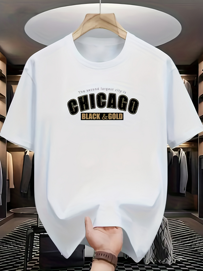 Men's Graphic T-Shirt Chicago Black And Gold Text Print On White Cotton Shirt