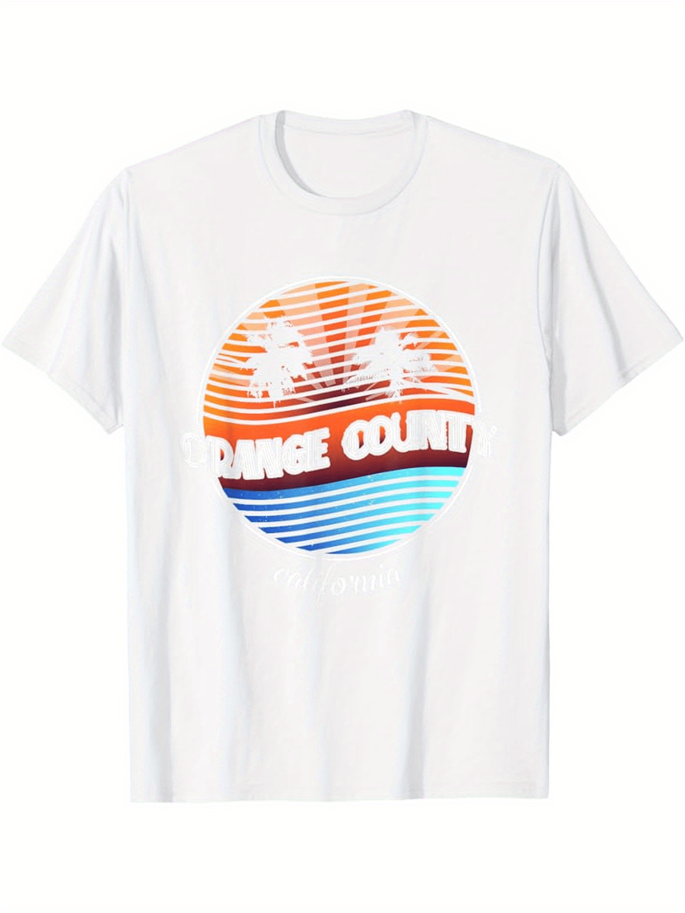 Men's Graphic T-Shirt Orange County Sunset Stripes With Palm Trees And Blue Ocean