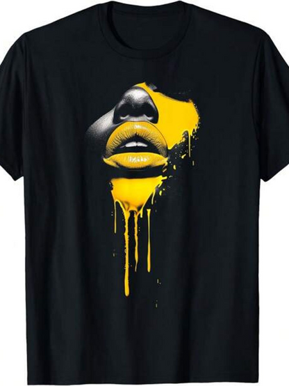 Men's Graphic T-Shirt Golden Paint Dripping Over Expressive Lips Face Design