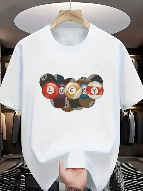 Men's Graphic T-Shirt Lucky Colorful Pool Balls Scattered On A Clean White Table