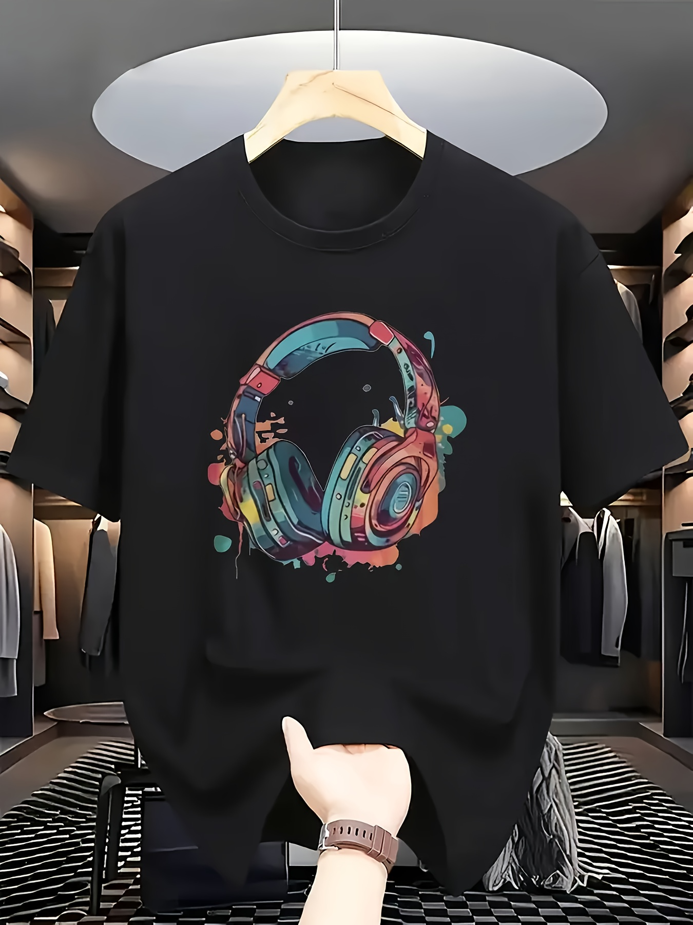 Men's Graphic T-Shirt Colorful Splash Paint With Bold Artistic Headphones