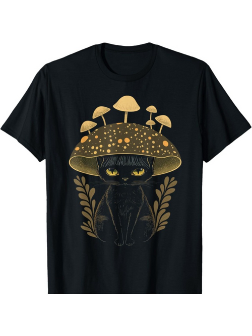Men's Graphic T-Shirt Enchanted Golden Mushrooms Growing Above Midnight Black Cat