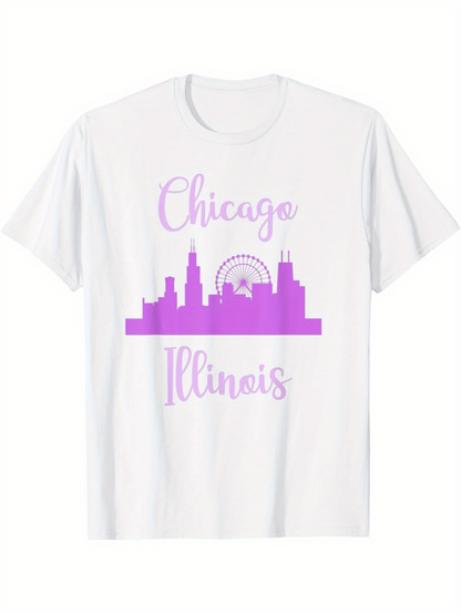 Men's Graphic T-Shirt Chicago Illinois Pastel Skyline With Ferris Wheel Silhouetted Landmark Buildings White