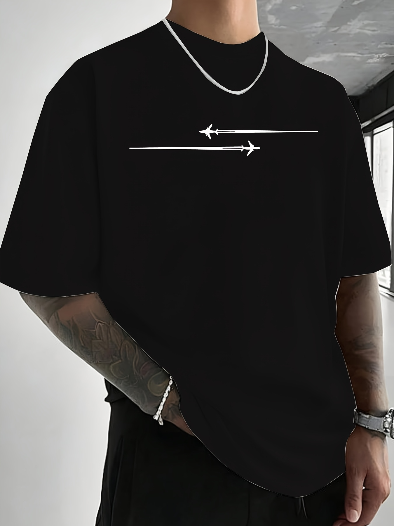 Men's Graphic T-Shirt Minimalist Design With Two White Arrows And Horizontal Line Arrow