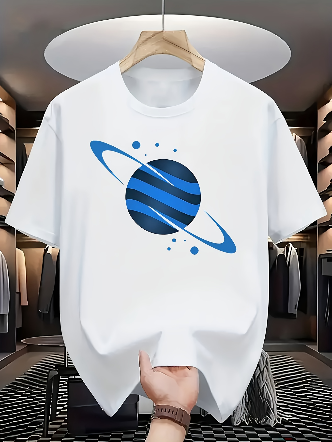 Men's Graphic T-Shirt Electric Blue Rings With Swirling Black Centered Planet