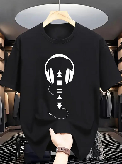 Men's Graphic T-Shirt Stylish Audio Player Icons With Headphones Black T Shirt