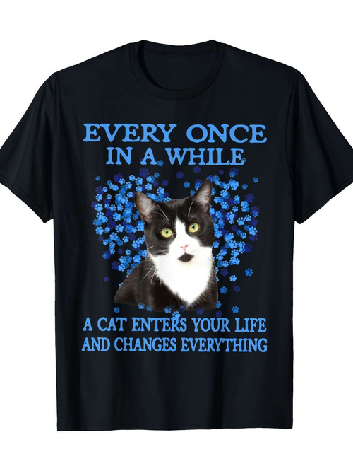 Men's Graphic T-Shirt Every Once In A While Blue Blossoms With Gentle Cat Eyes Cat