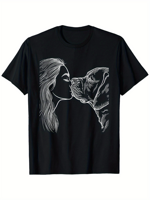 Men's Graphic T-Shirt Outlined Portrait With Woman Kissing A Gentle Loyal Dog