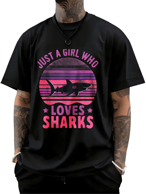 Men's Graphic T-Shirt Just A Girl Who Loves Sharks Vibrant Sunset Stripes With Silhouette Shark
