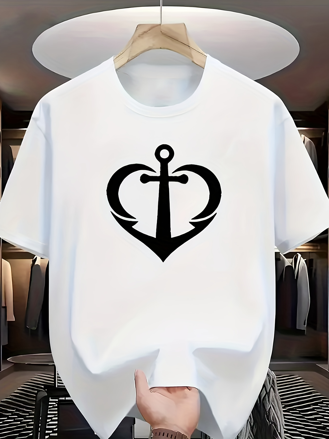 Men's Graphic T-Shirt Black Bold Anchor Surrounded By Curved Heart Symbol Centered Design