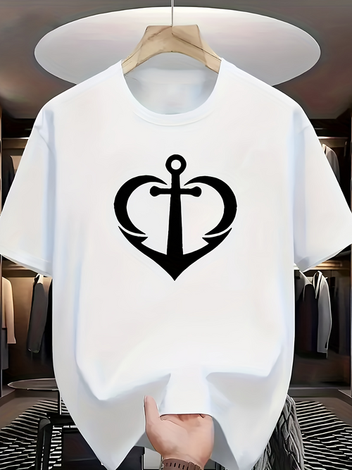 Men's Graphic T-Shirt Black Bold Anchor Surrounded By Curved Heart Symbol Centered Design
