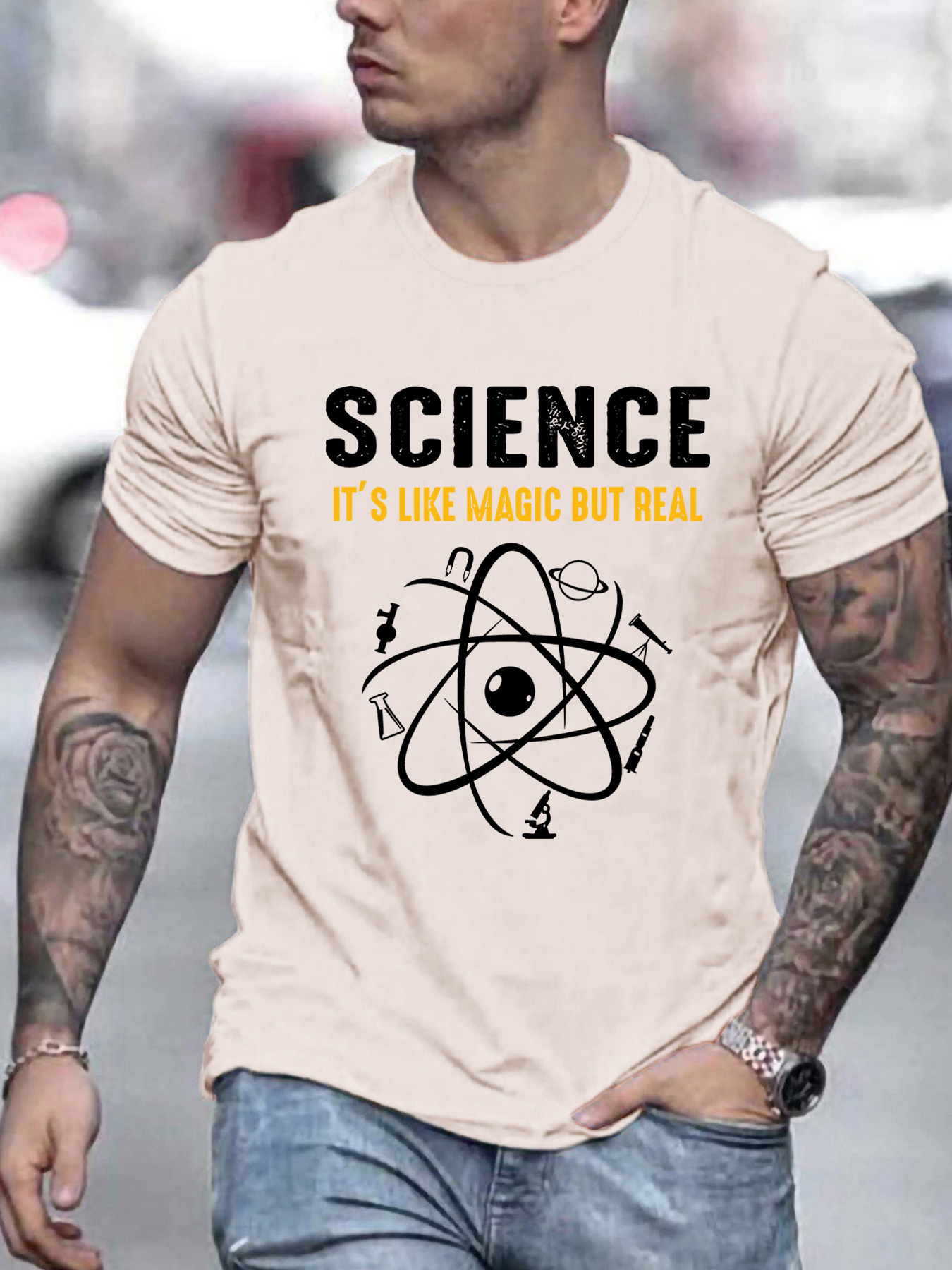 Men's Graphic T-Shirt Science Like Magic But Real With Atom Lines And Simple Atomic Symbol