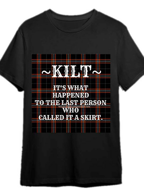 Men's Graphic T-Shirt Kilt With Tartan Check Plaid Background And Bold White Text