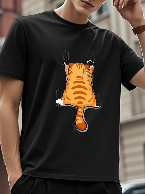 Men's Graphic T-Shirt Playful Cartoon Orange Cat Climbing On Black T Shirt