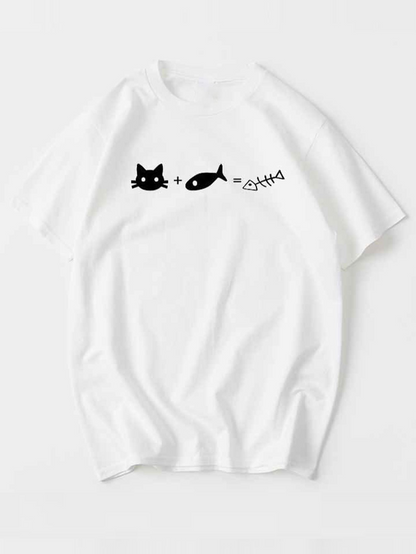 Men's Graphic T-Shirt Adorable Cat With Fish Bones And Playful White T Shirt