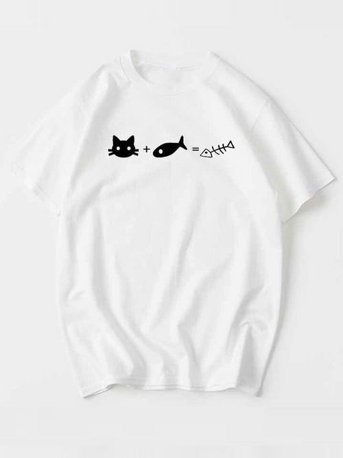 Men's Graphic T-Shirt Adorable Cat With Fish Bones And Playful White T Shirt