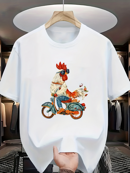 Men's Graphic T-Shirt Vintage Style Rooster With Sunglasses Riding Classic Blue Scooter