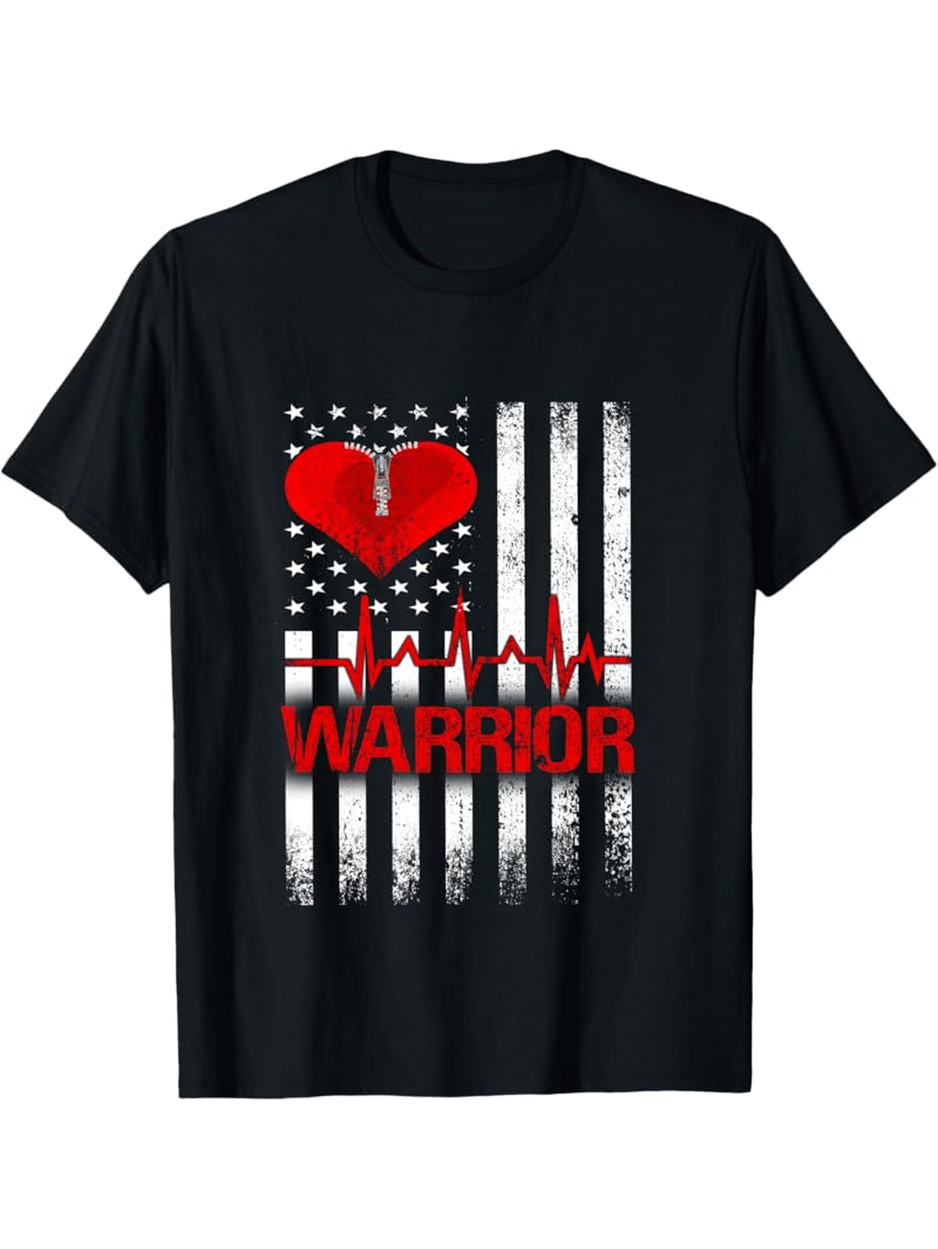 Men's Graphic T-Shirt Red Heart With Pulse Line Warrior Over Grunge American Flag
